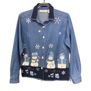 Dressbarn Embroidered Snowman Winter Denim Button Down shirt size S